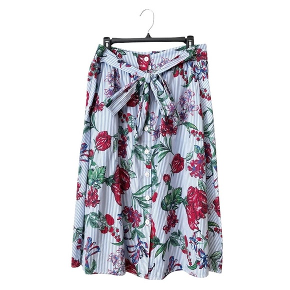 NM Neiman Marcus Midi Skirt Womens Size 8 Blue Stripe Red Rose Tie Front Buttons - Picture 2 of 6